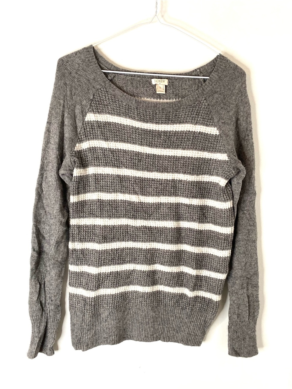 J. Crew Warmspun Waffle Sweater in Stripe Grey Merino Wool Blend